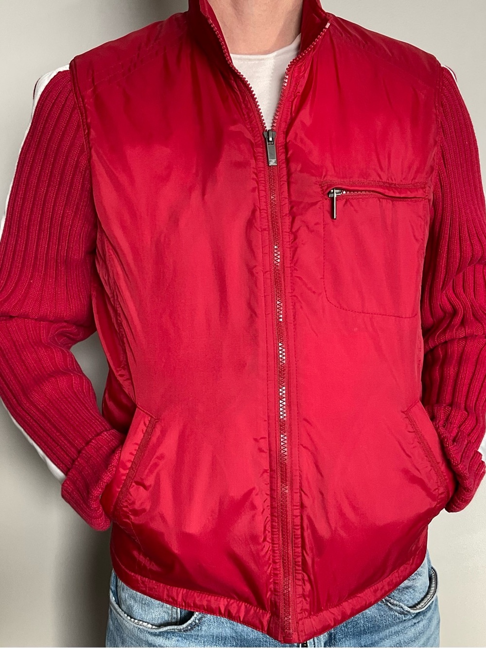 Men's Red Zip-Up Bomber Vest with Knit Sleeves